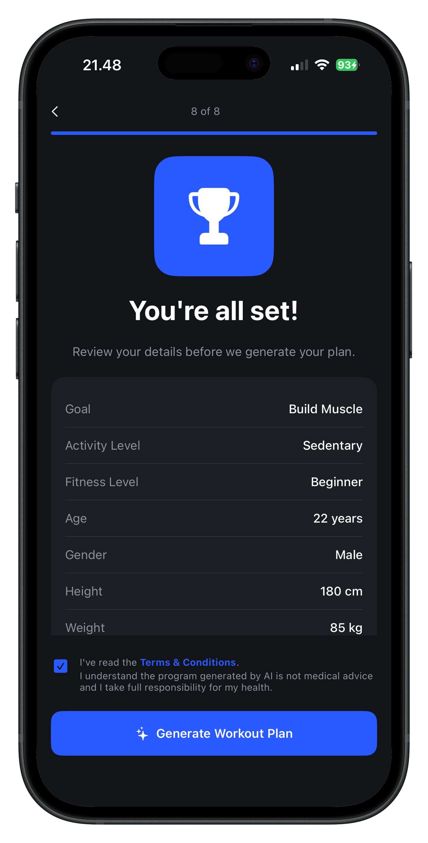 Onboarding — review details and generate plan