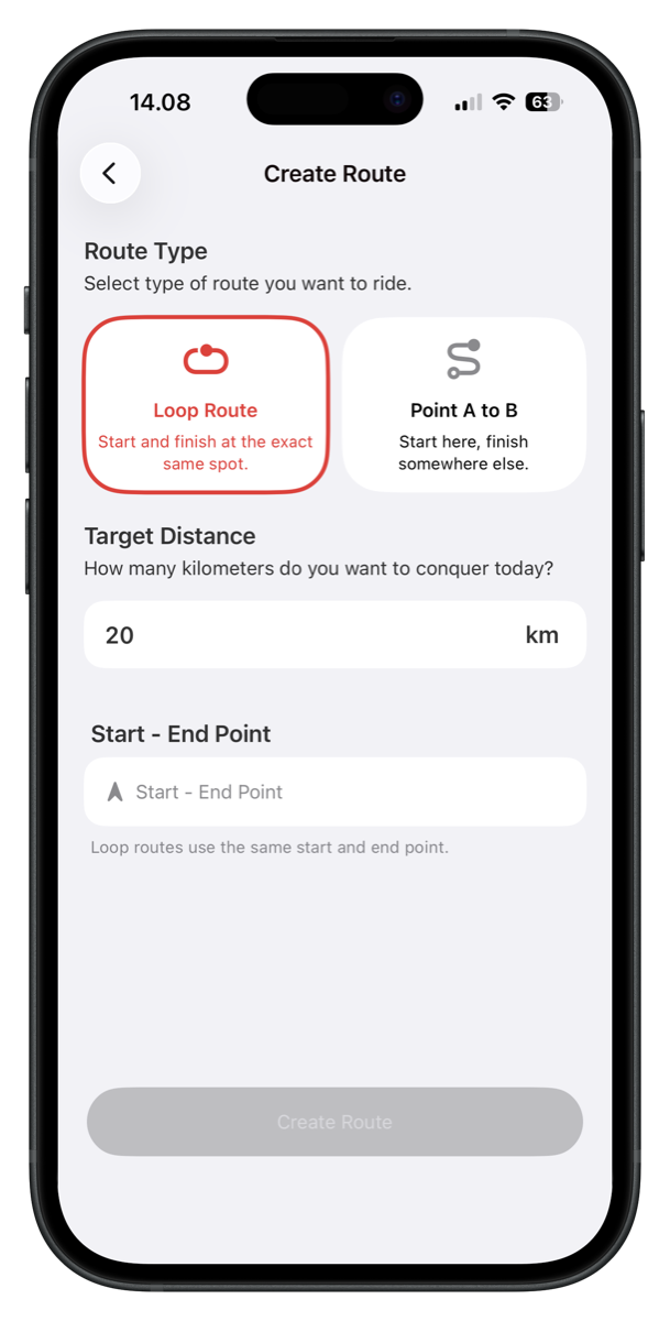Create Route, loop type and 20 km