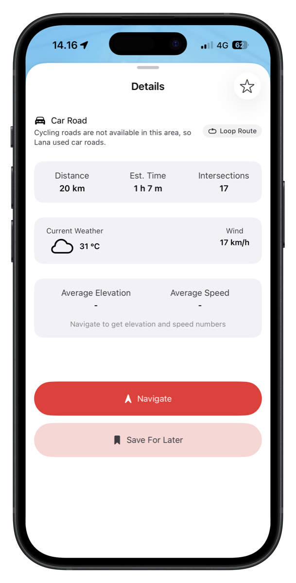 Route details, weather and Navigate