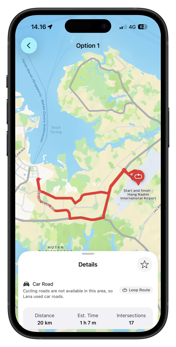 Option 1 on the map with start and finish