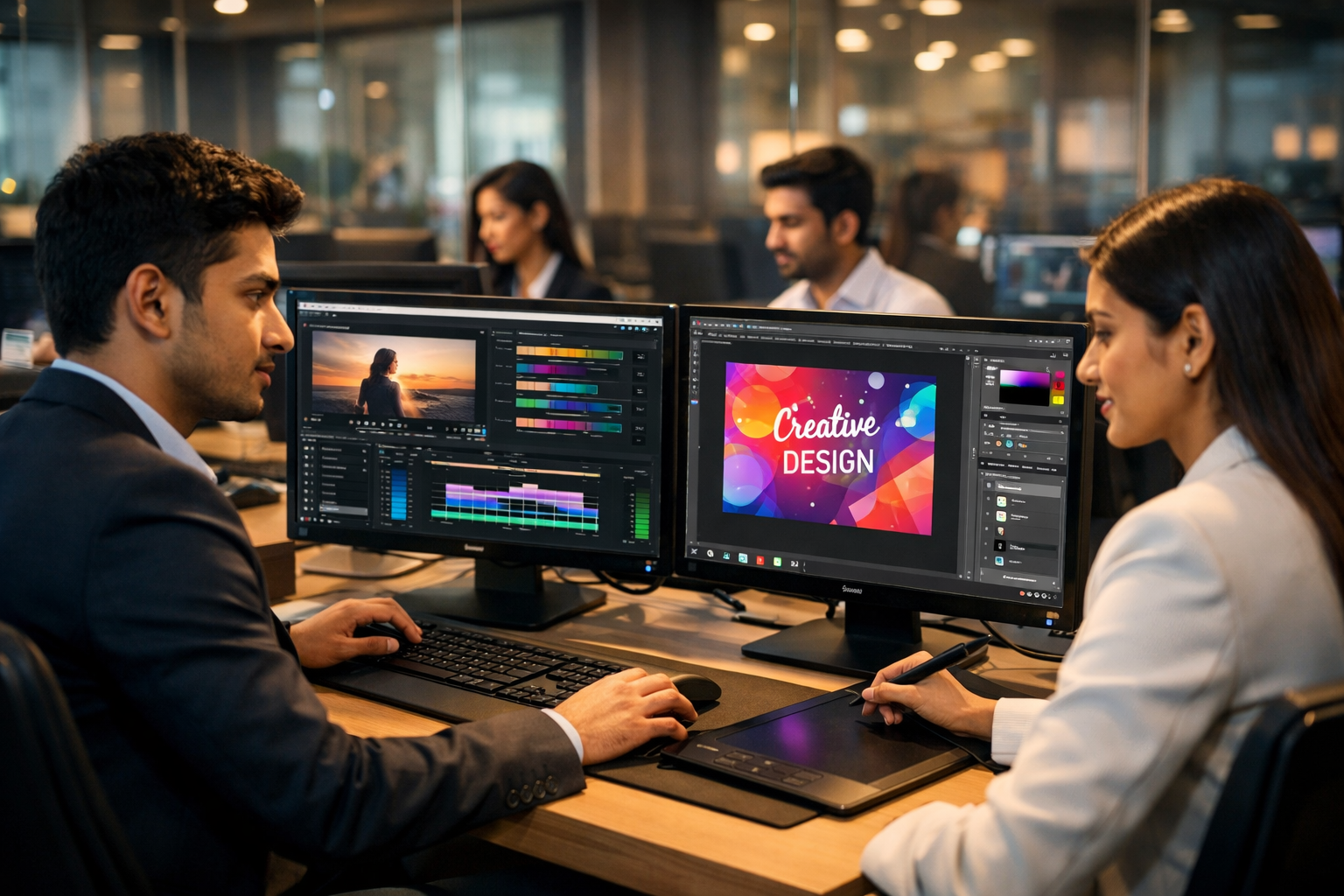 Diseñadora trabajando contenido gráfico y reels comerciales