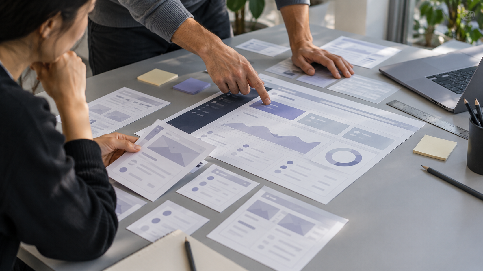 UX designers arranging paper dashboard wireframes to establish a clear hierarchy between key metrics, trends, and detailed data.