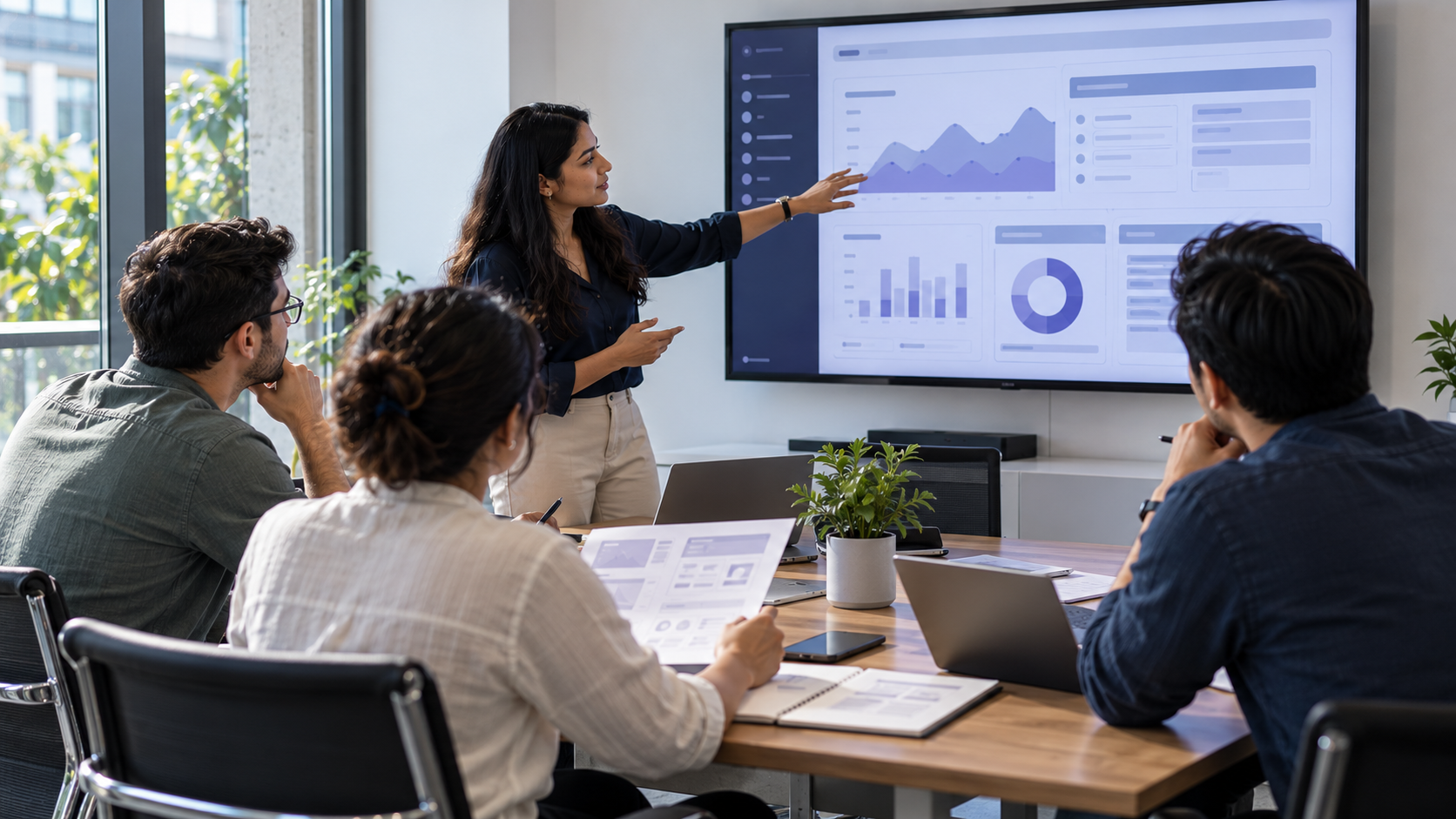 Product team reviewing an improved enterprise operations dashboard layout during a design meeting.