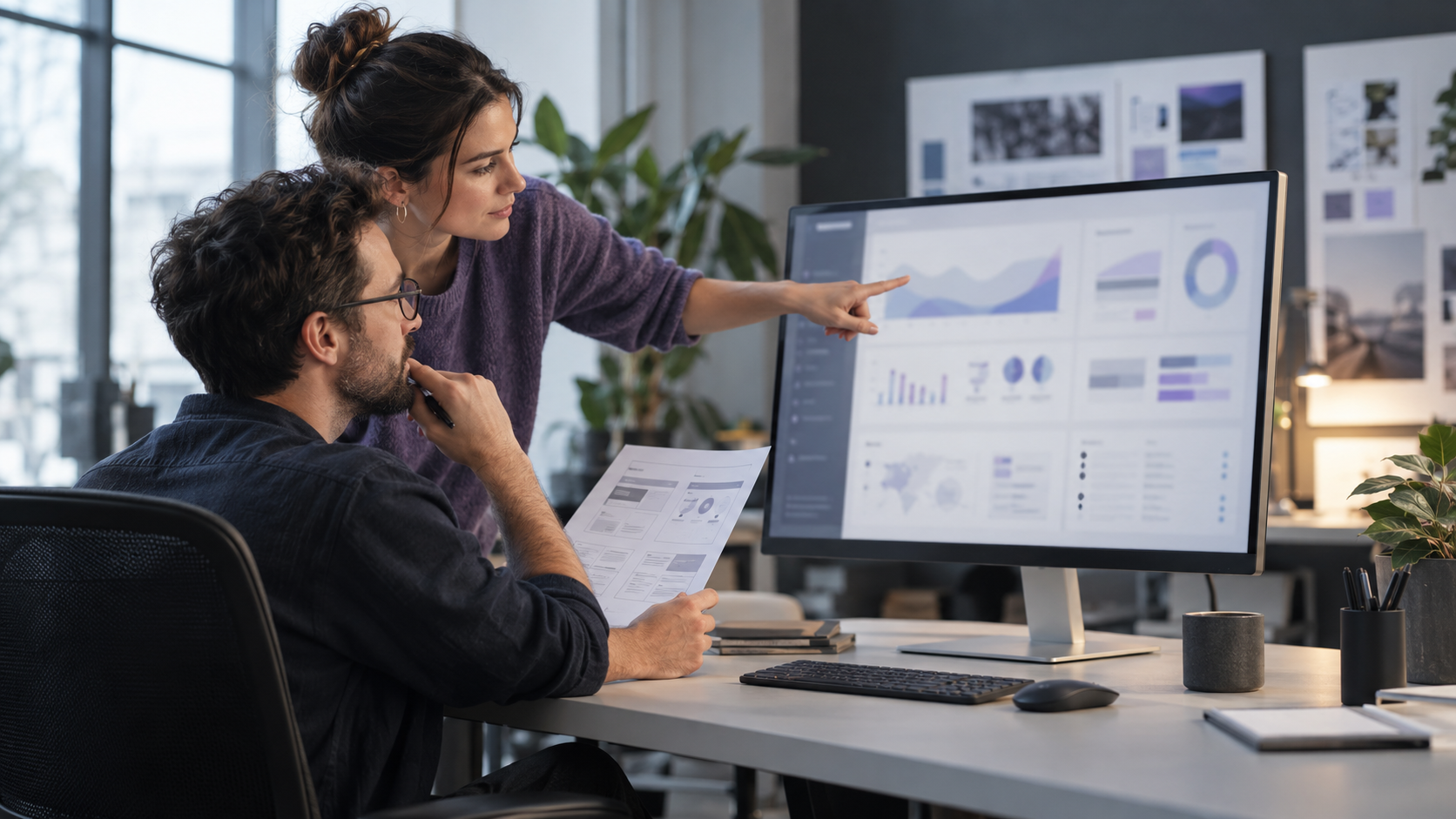 Two UX designers reviewing an enterprise SaaS analytics dashboard on a large monitor in a modern design studio.