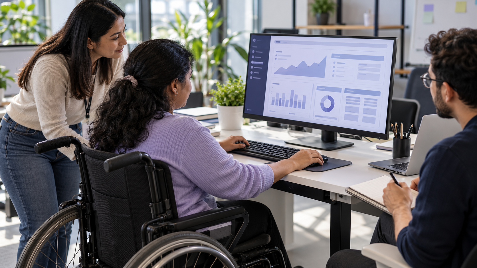 Wheelchair-using participant testing keyboard navigation on a desktop dashboard while UX researchers observe and take notes.