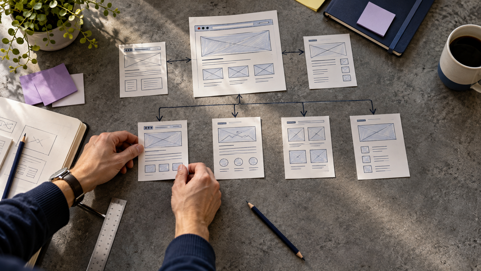 Paper sitemap and website page wireframes arranged on a desk during information architecture planning.