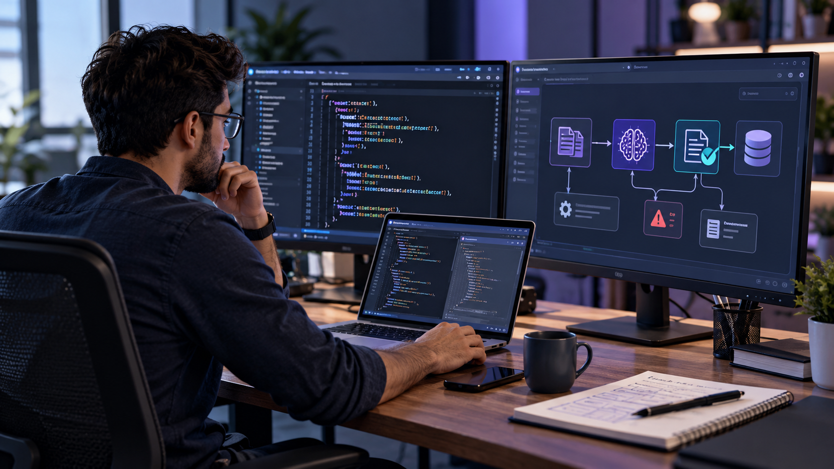 Software engineer reviewing an AI-powered JSON processing workflow on dual monitors