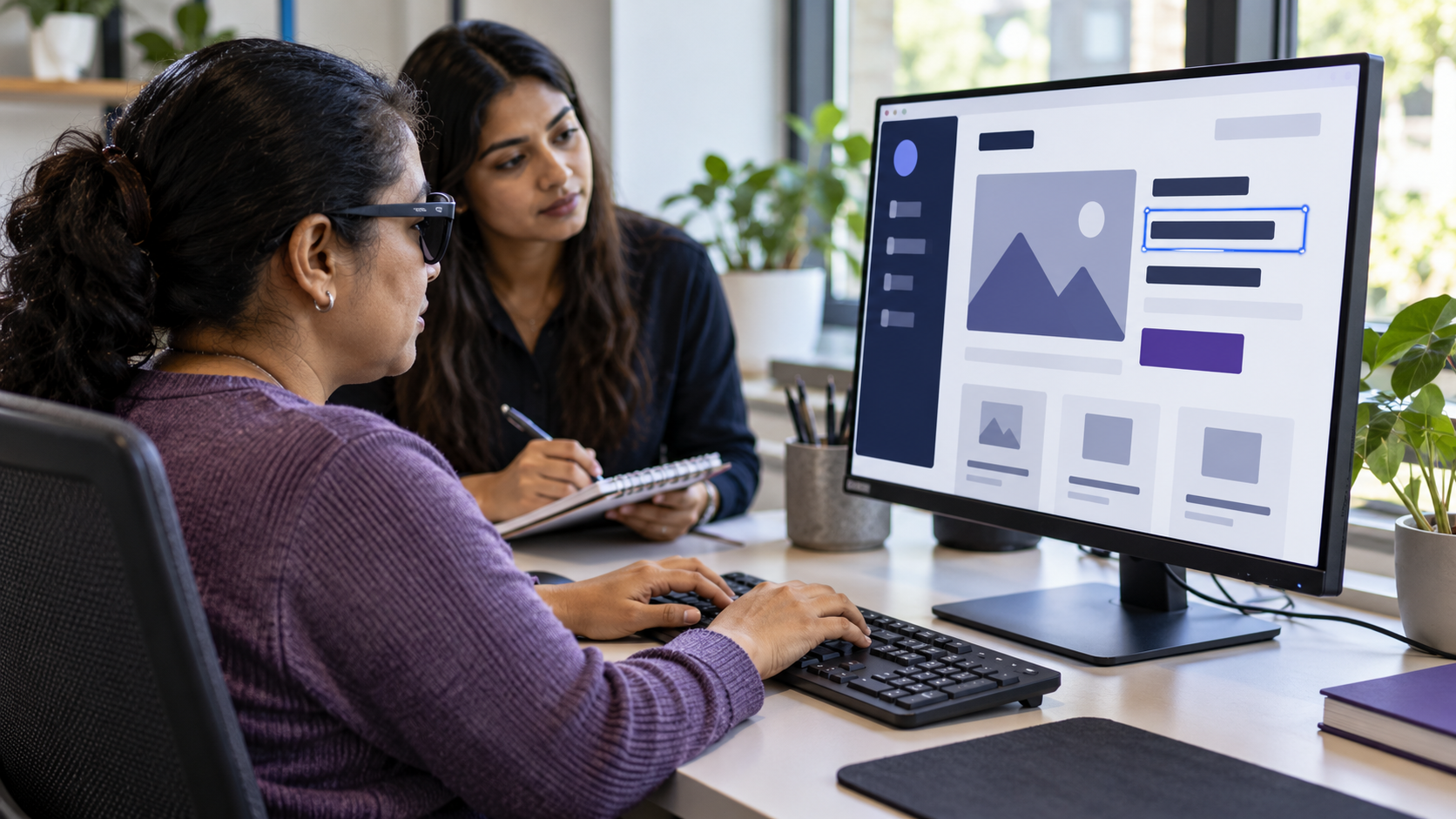 A participant testing a website with keyboard navigation and screen magnification while a UX researcher observes.