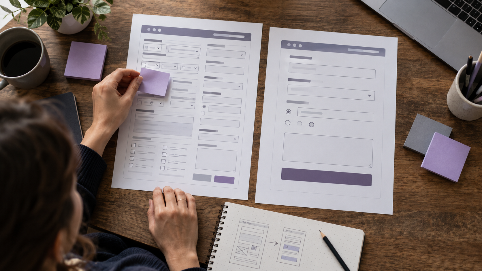 Overhead view of two paper website form wireframes comparing a long, crowded form with a simpler layout using fewer fields.