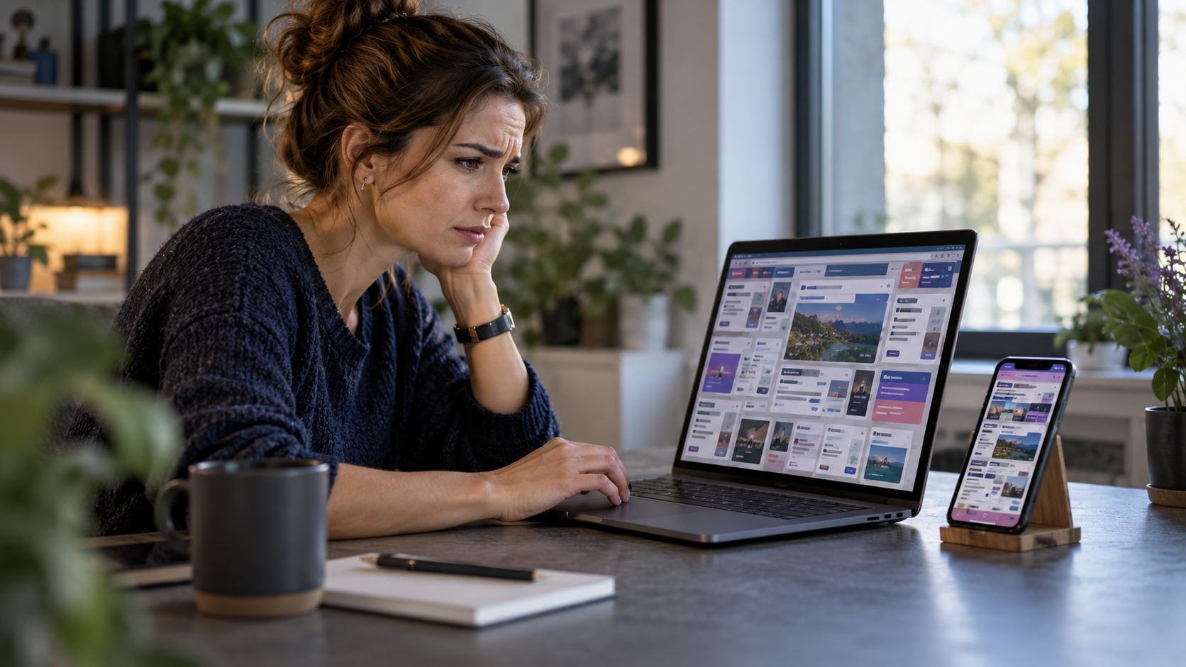 A website visitor looking frustrated while navigating a cluttered desktop website, with a smartphone beside the laptop.
