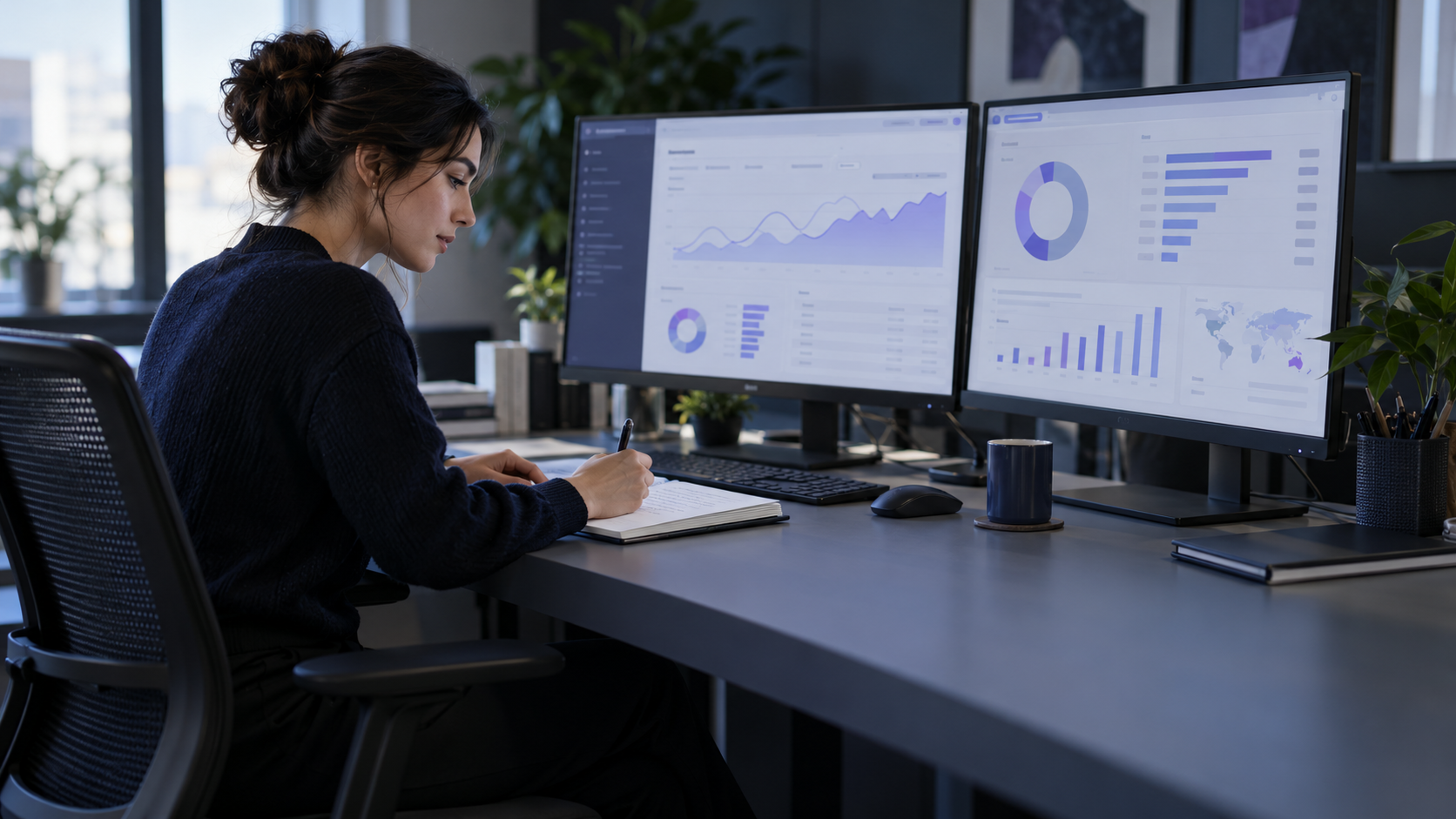 Digital analyst reviewing website discoverability and AI search visibility reports across two screens.