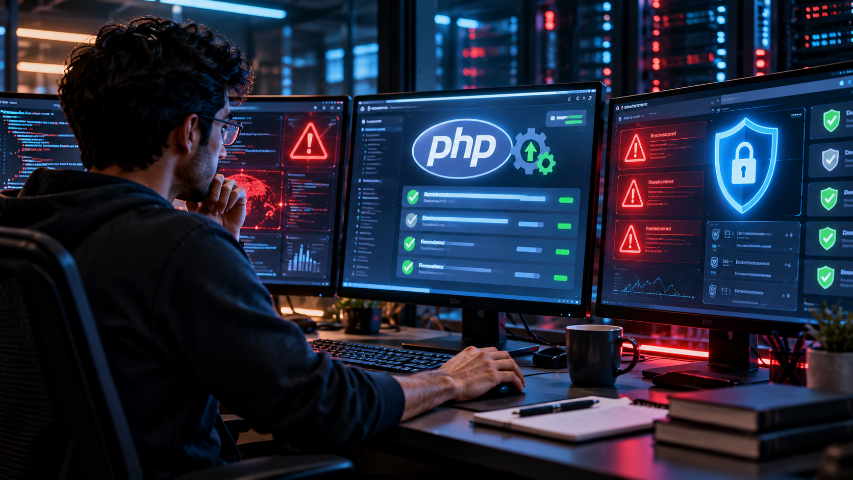Security operations workstation displaying PHP update indicators, server status monitors and urgent cybersecurity alerts.