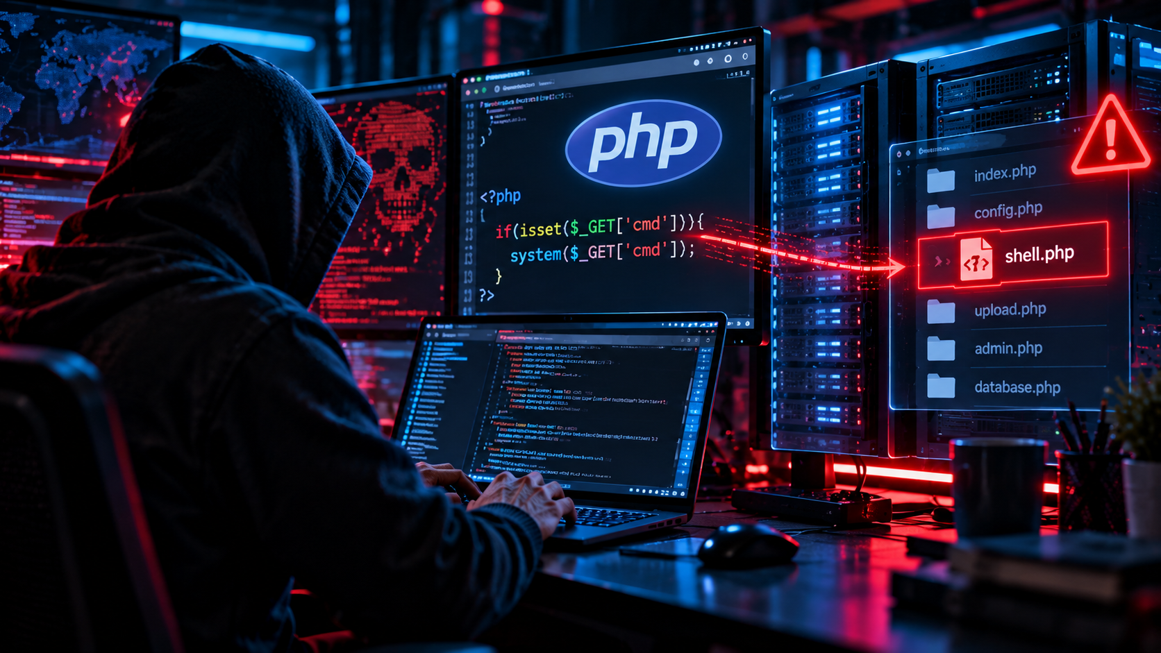 Glowing PHP emblem surrounded by red cyberattack warnings and digital breach effects in a dark technology environment.