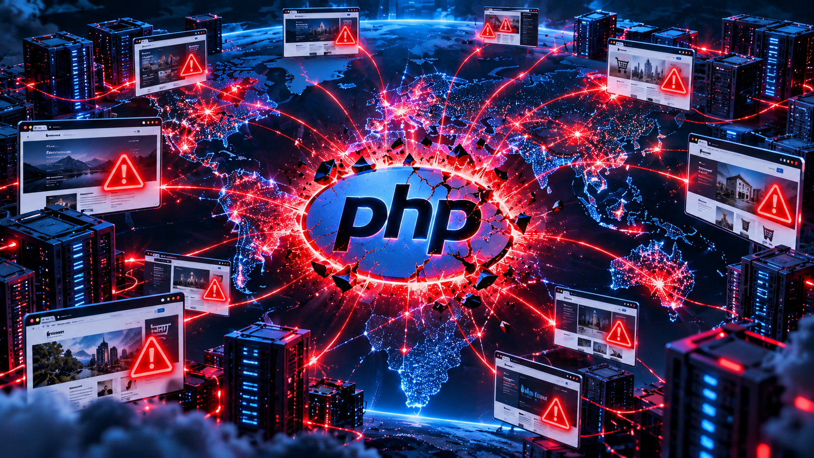 Global network of PHP-powered websites and servers connected by red attack signals and security warning indicators.