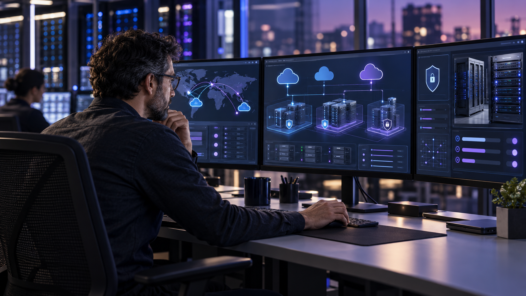 Cloud architect examining secure AI deployment configurations across cloud infrastructure.