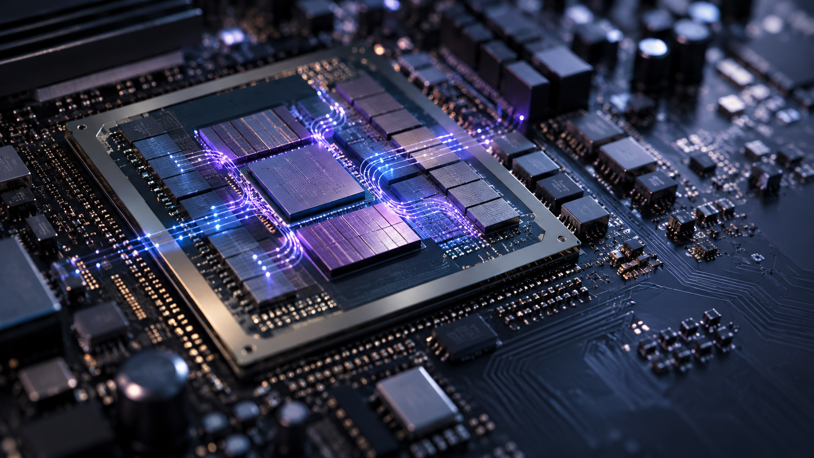 Close-up illustration of a computer processor with glowing data pathways representing hidden communication through CPU cache memory.