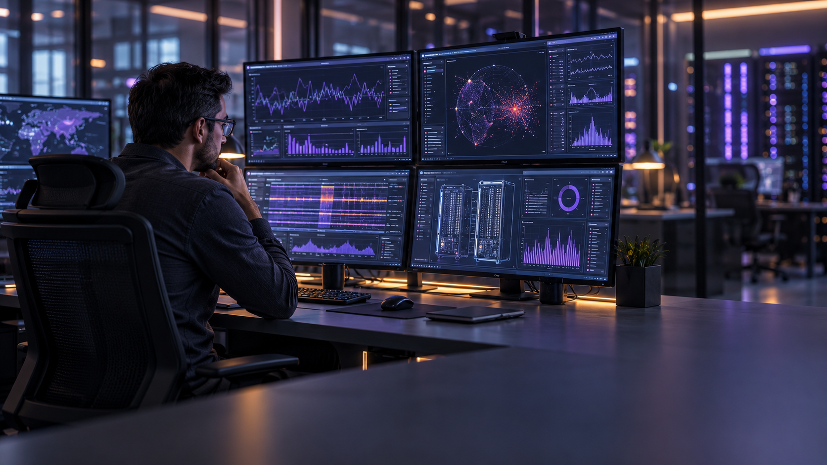Cybersecurity engineer monitoring system performance graphs and memory activity across multiple screens to investigate potential hardware side-channel attacks.