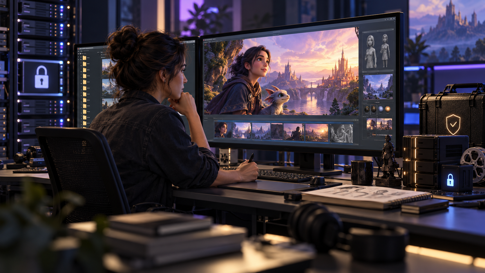 Animation professional reviewing a finished scene on dual monitors in a secure studio environment with protected servers and locked project folders visible nearby.