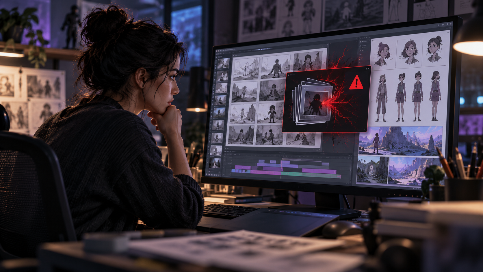 Digital artist reviewing storyboard and character sheets on a large monitor while a red warning alert highlights a suspicious imported asset in the animation workspace.