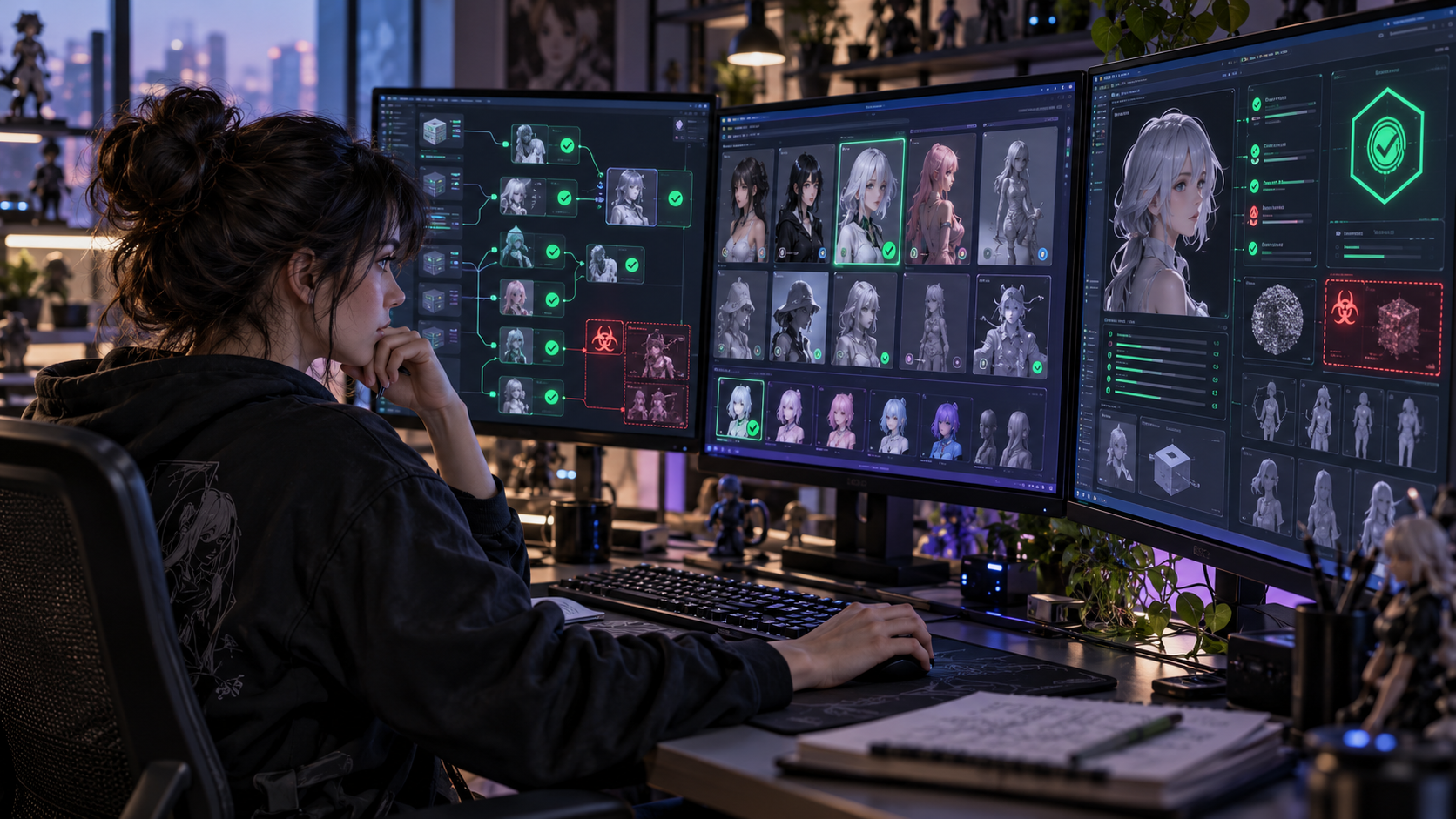 Creative technologist reviewing a fantasy animation scene on a wide monitor beside locked storage devices and secured servers in a professional AI production studio.