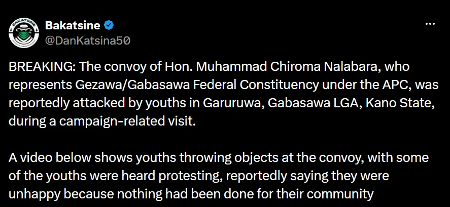 APC House of Representatives Member’s Convoy Stoned by Youths in Kano Over Alleged Community Neglect