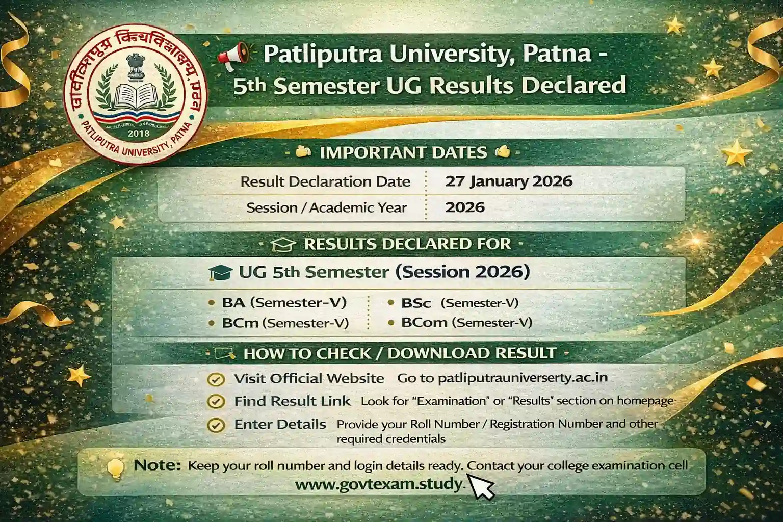Patliputra University 5th Sem UG Results 2026 Declared Official Notification
