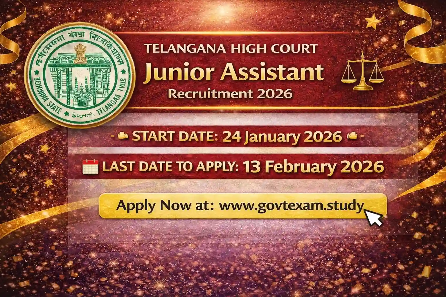 Telangana HC Junior Assistant 2026: Apply Online, 24 Jan-13 Feb Official Notification