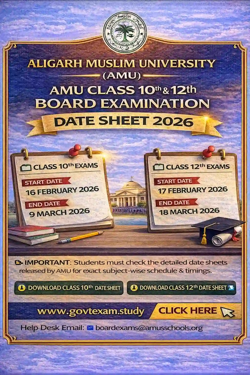 AMU Board Exam Date Sheet 2026 Out: Download 10th & 12th PDF Official Notification