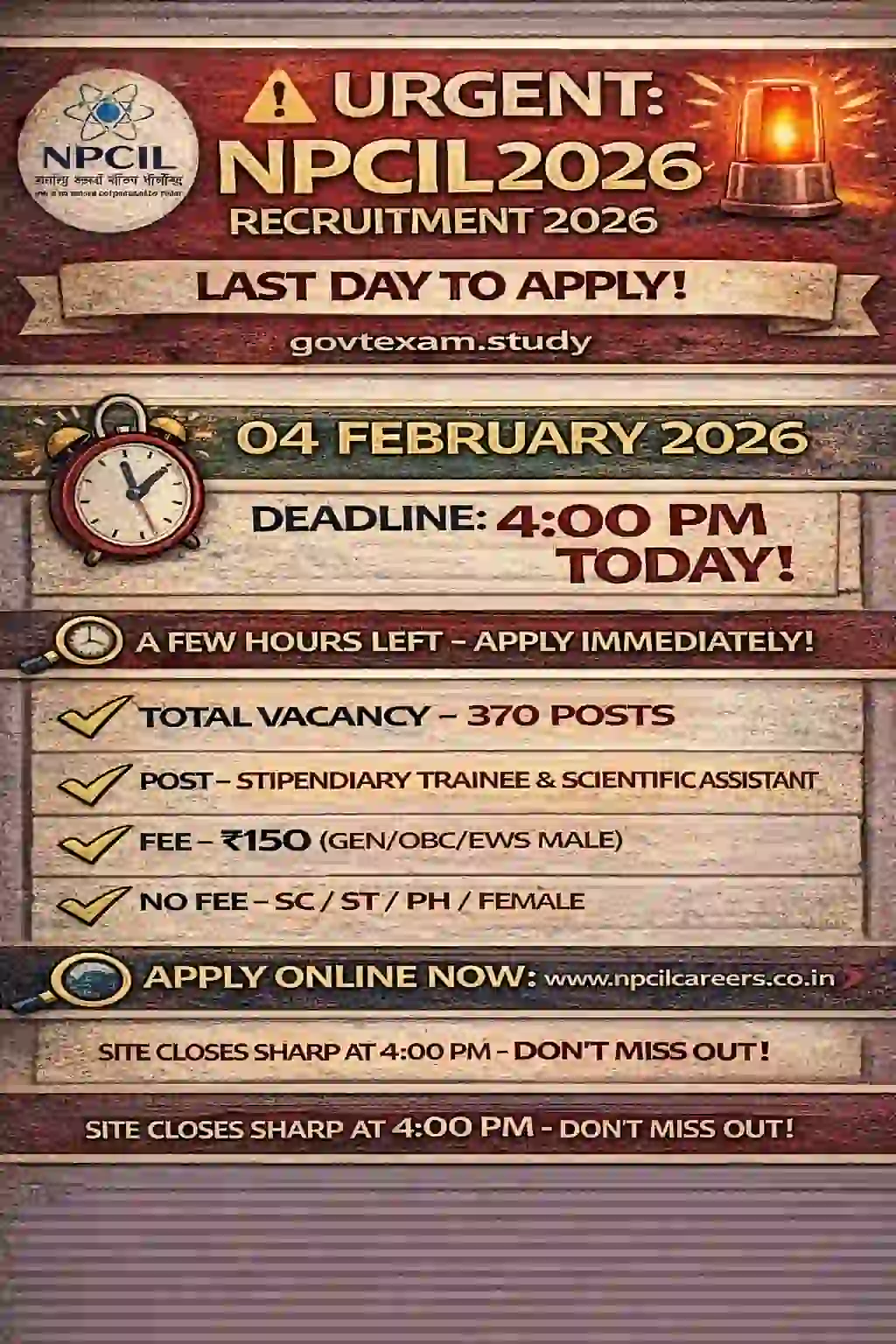NPCIL Recruitment 2026: Last Day to Apply for 580+ Posts Official Notification