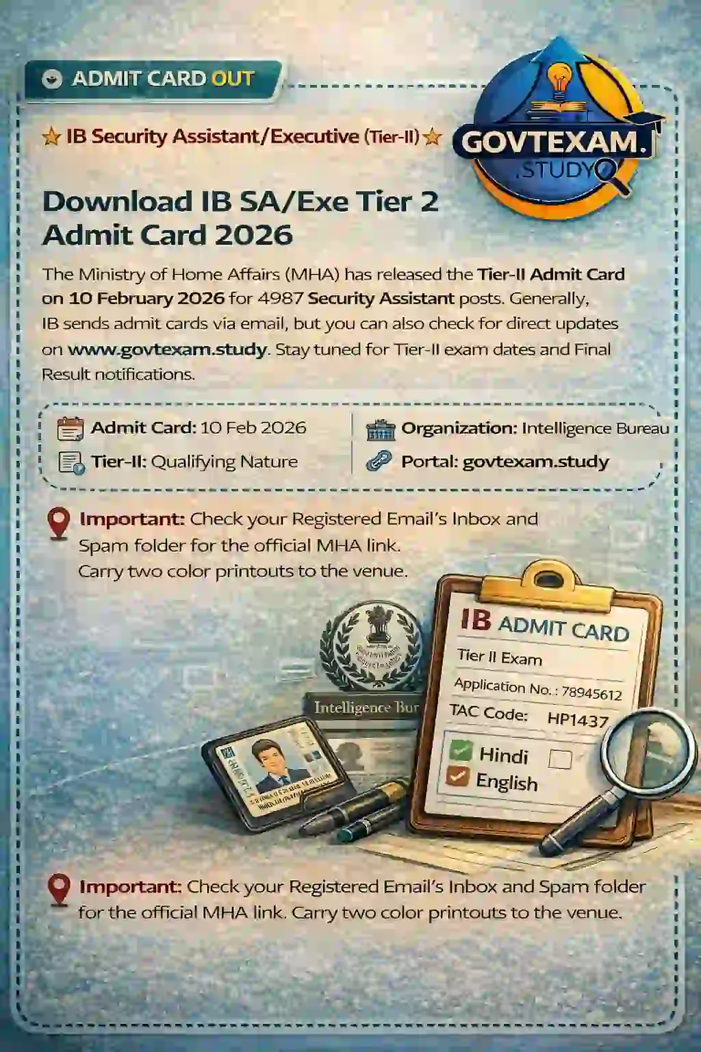 IB Security Assistant Tier 2 Admit Card 2026 Out - Check Now Official Notification