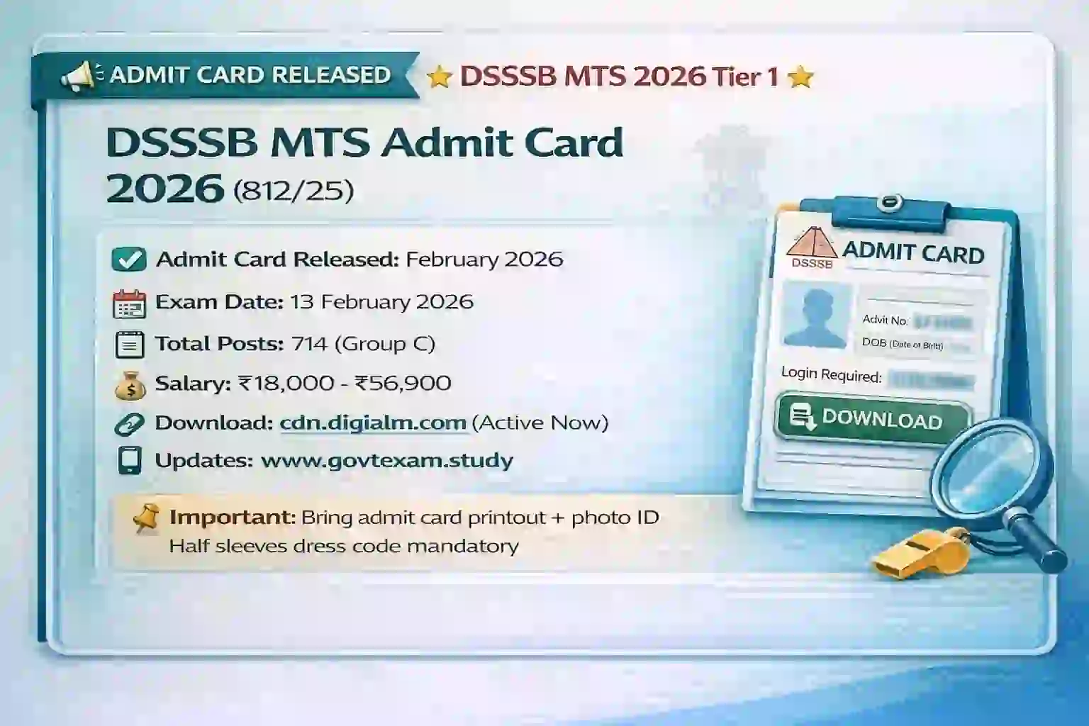 DSSSB MTS Admit Card 2026 Out – Check Exam Date & Download Official Notification