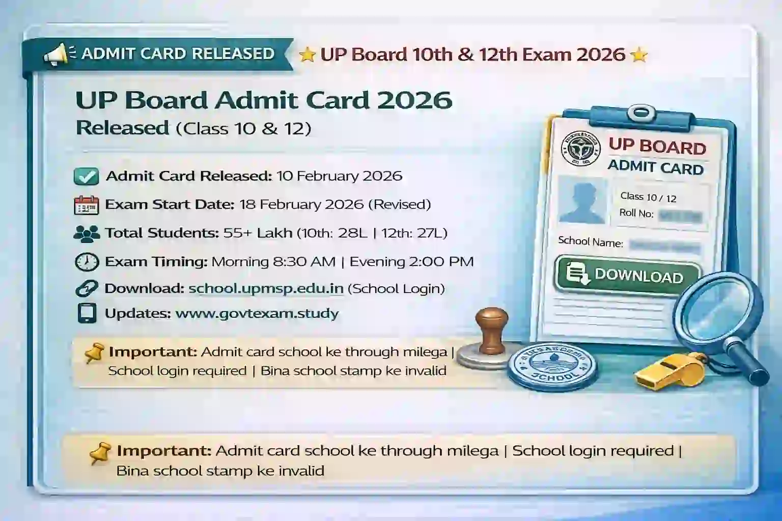 UP Board 10th 12th Admit Card 2026 Out – Download Now Official Notification