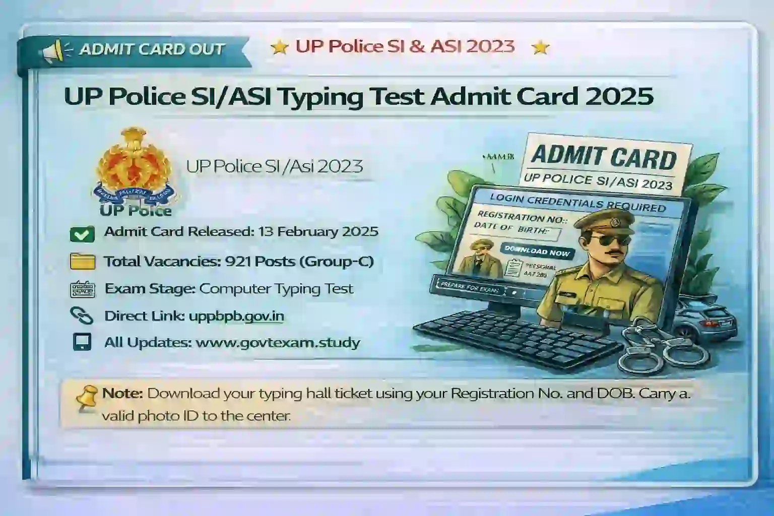 UP Police SI ASI Typing Test Admit Card 2025 Released Official Notification