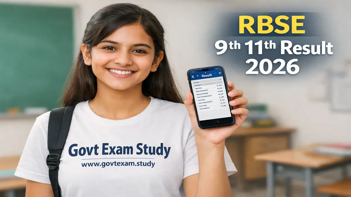 A happy young Indian student (age 14-17) holding a mobile phone showing result screen, smiling confidently. Wearing a clean t-shirt with bold text "Govt Exam Study" and below it small text "www.govtexam.study ". Background should be light with school or classroom theme. Add text on image: "RBSE 9th 11th Result 2026".