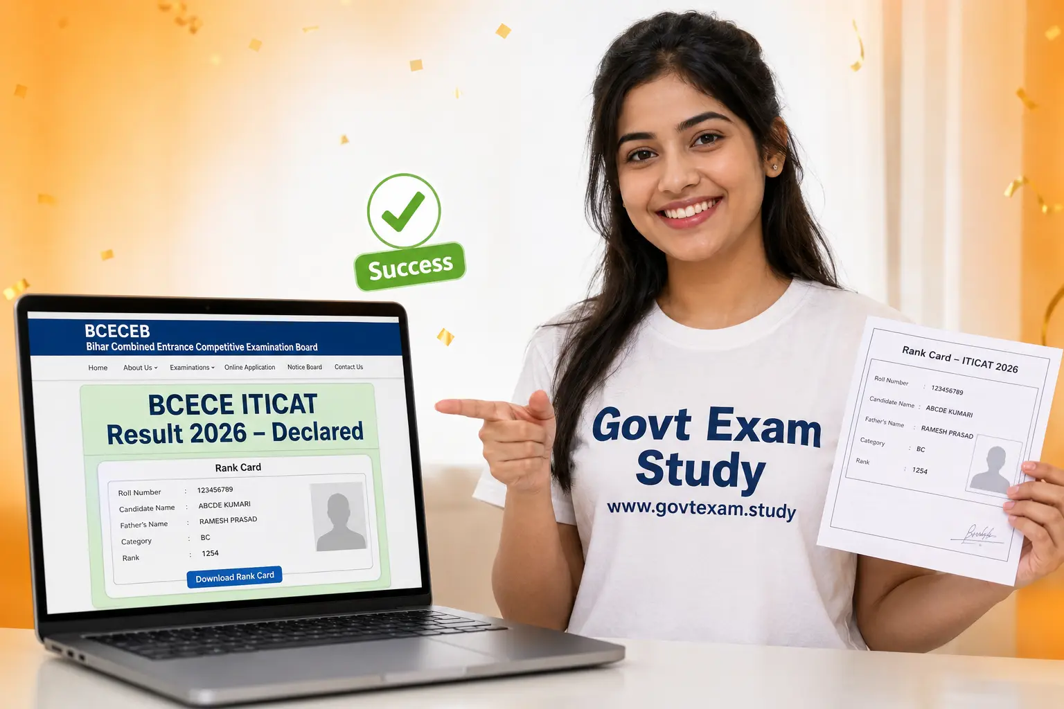 BCECE ITICAT result 2026 rank card download girl smiling Govt Exam Study