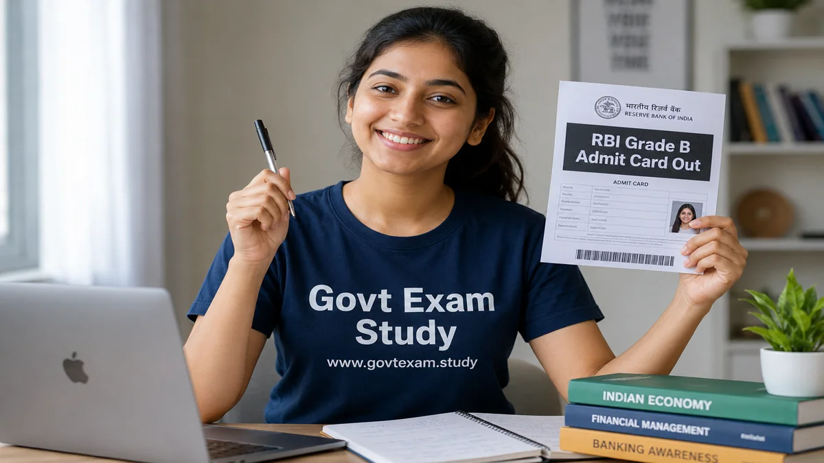 RBI Grade B Admit Card 2026 – Young girl holding call letter from Govt Exam Study website