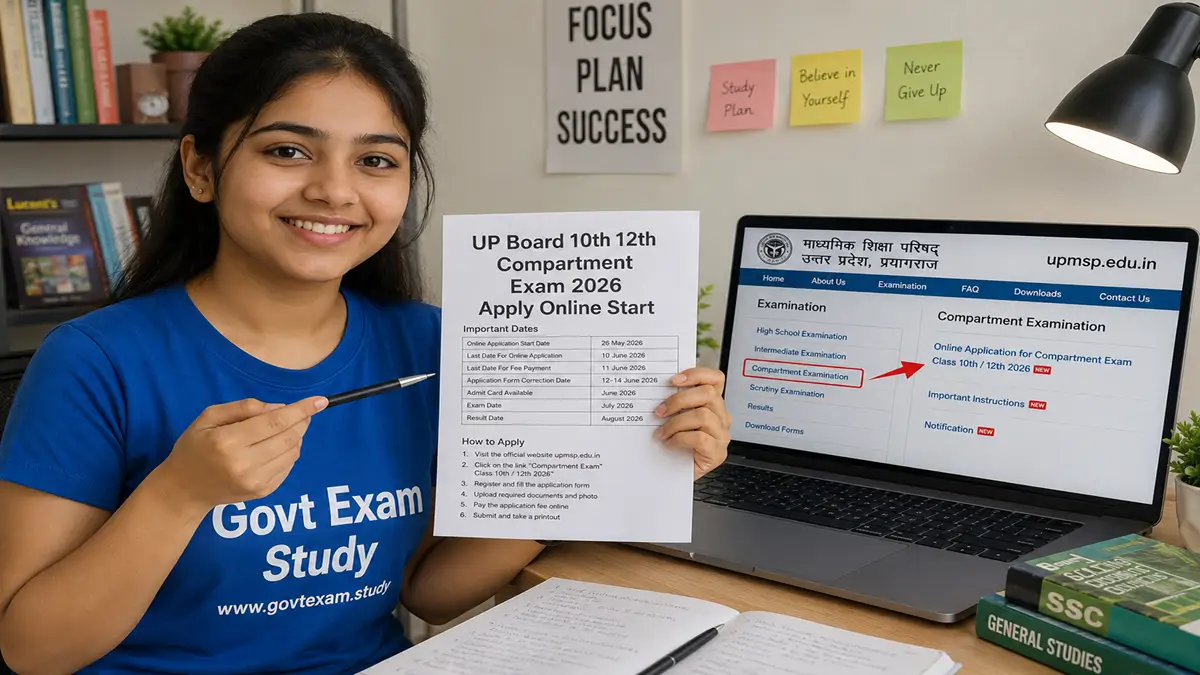 UP Board Compartment Exam 2026 application process girl holding form wearing Govt Exam Study t-shirt