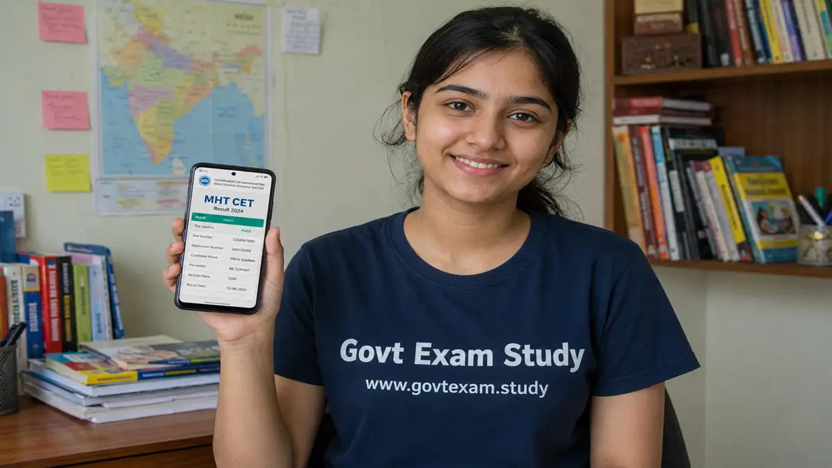 MHT CET Result 2026 – Happy Indian girl in Govt Exam Study t-shirt checking scorecard on phone
