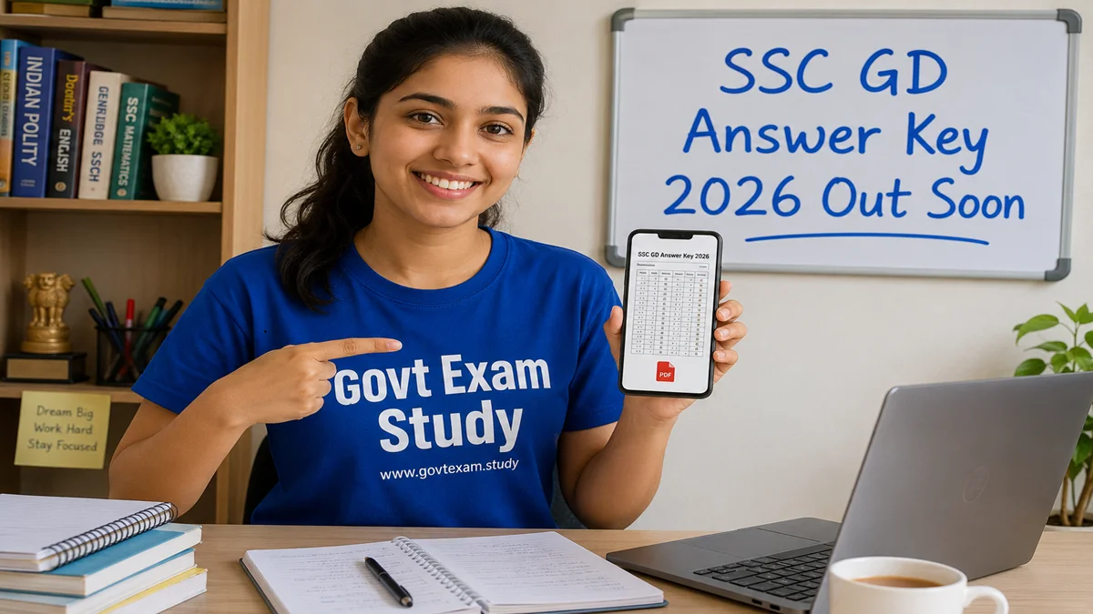SSC GD Answer Key 2026 – Girl holding phone with Govt Exam Study t-shirt and website www.govtexam.study