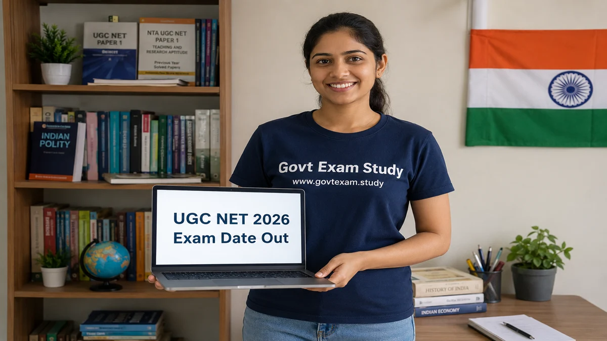 UGC NET exam date 2026 announced – young girl preparing on Govt Exam Study website