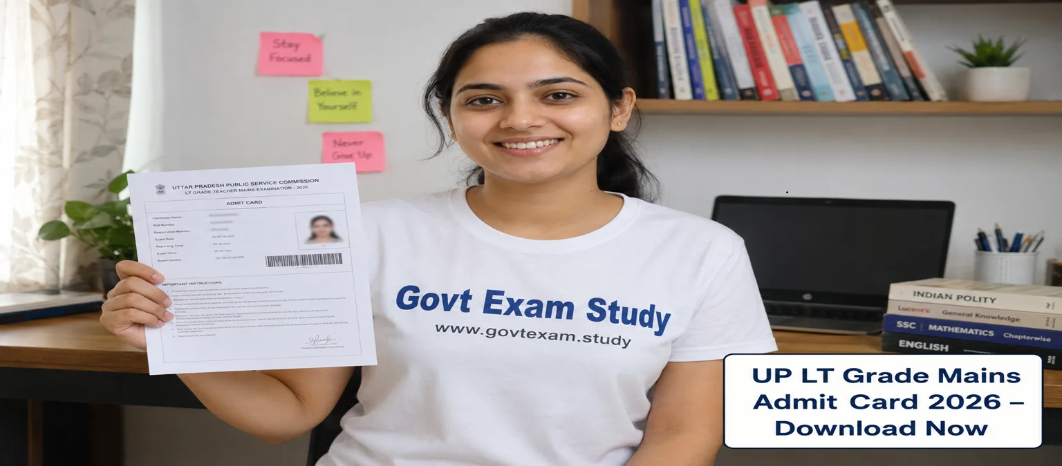UP LT Grade Mains Admit Card 2026 – Girl holding hall ticket with Govt Exam Study t-shirt