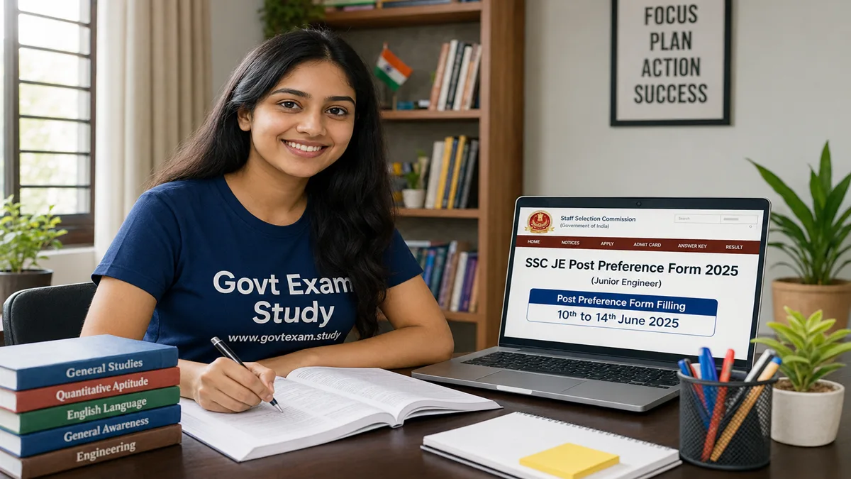 Indian girl wearing Govt Exam Study t-shirt checking SSC JE post preference form on laptop