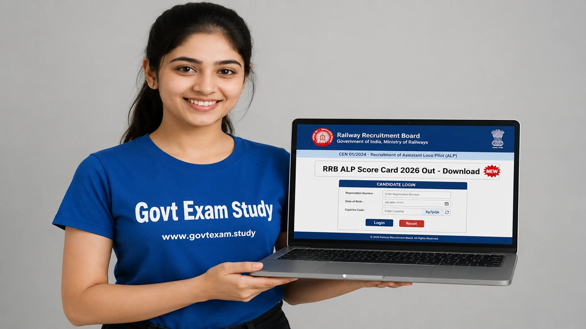 RRB ALP Score Card 2026 download link on laptop screen girl wearing Govt Exam Study tshirt