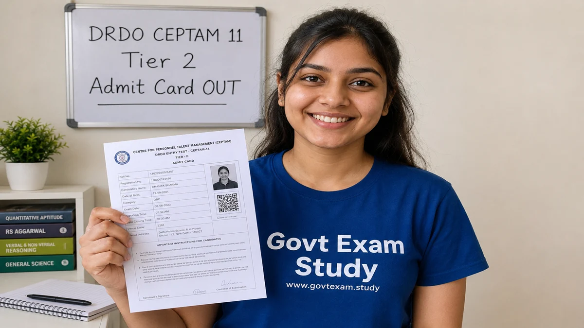 DRDO CEPTAM 11 Tier 2 Admit Card 2026 - Young girl holding hall ticket with Govt Exam Study t-shirt
