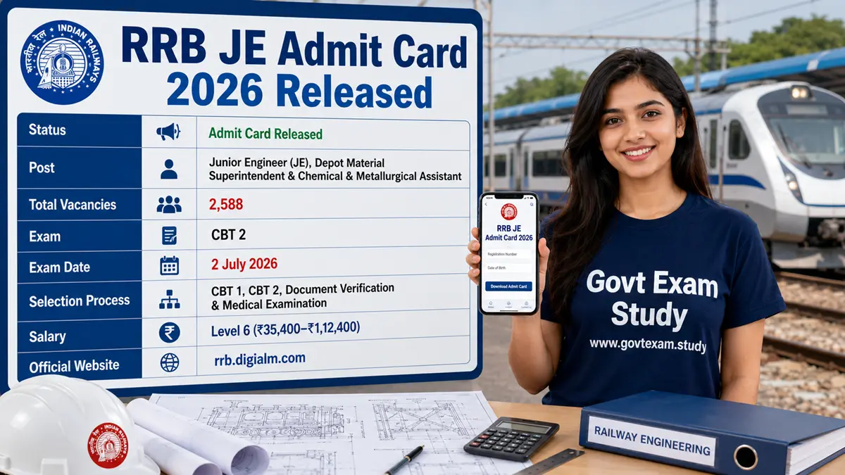 RRB JE Admit Card 2026 released for CBT 2 exam with download details, exam date, vacancies, salary, and official website information.