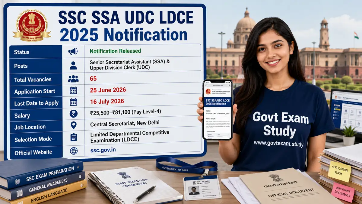 SSC SSA UDC LDCE 2025 notification released for 65 vacancies with salary, application dates, job location, and official website details.