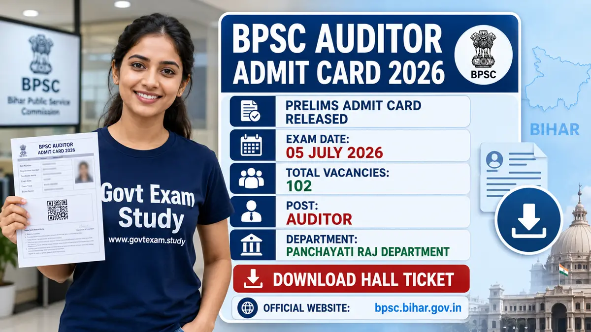BPSC Auditor Admit Card 2026 download link for Prelims exam, hall ticket, exam date 05 July 2026, and 102 Auditor vacancies under Panchayati Raj Department.