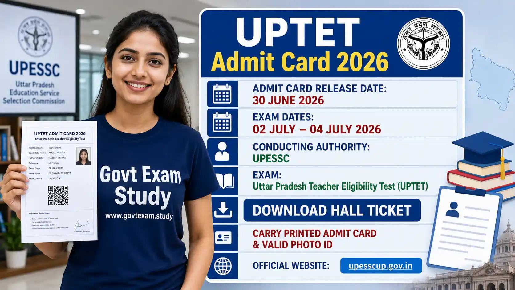 UPTET Admit Card 2026 download link, UPESSC hall ticket release on 30 June 2026, exam dates 02–04 July 2026, official teacher eligibility test admit card.