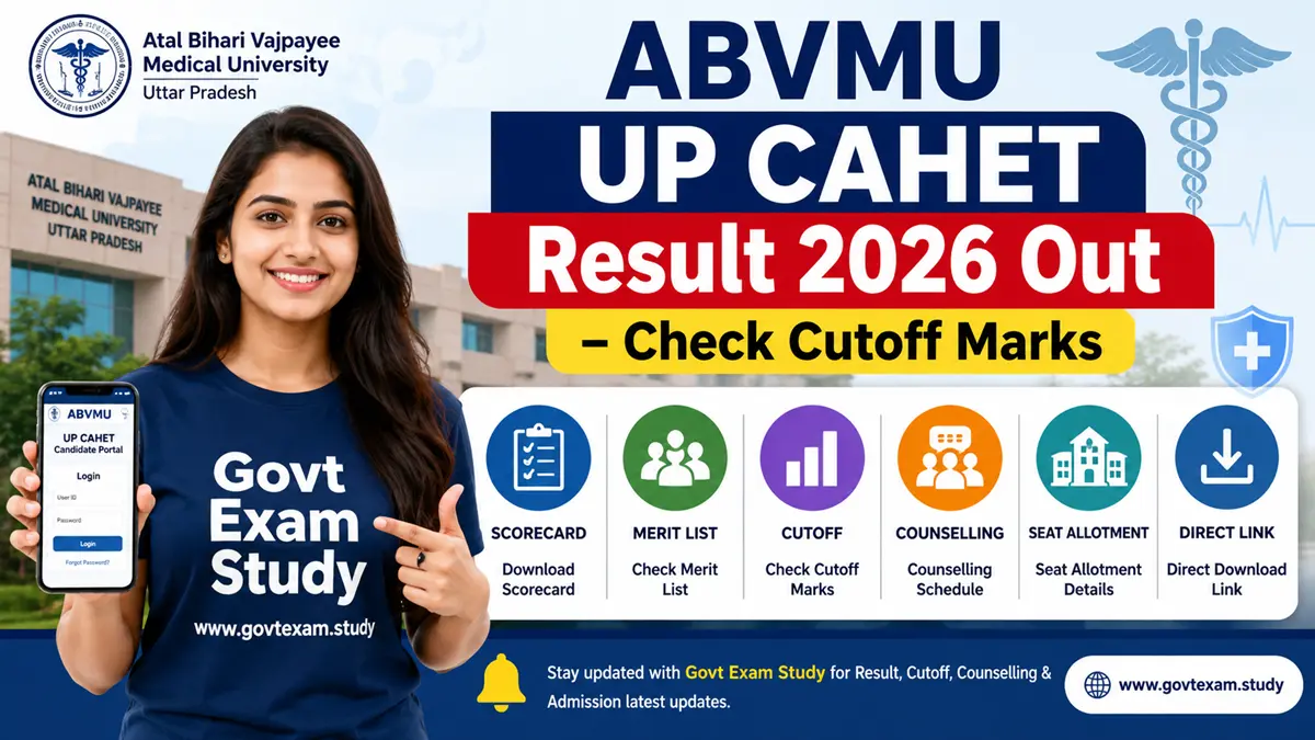 UP CAHET Result 2026 image showing scorecard, merit list, cutoff, counselling, seat allotment, and direct download link for ABVMU Allied Healthcare Entrance Test.