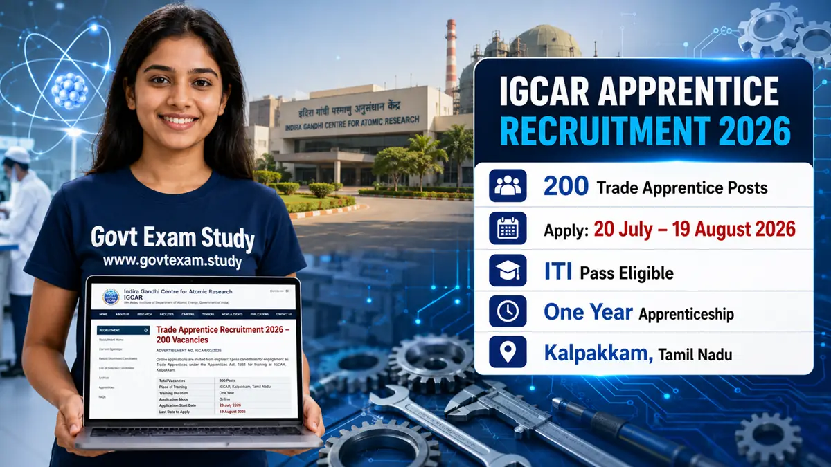 IGCAR Apprentice Recruitment 2026 notification showing 200 Trade Apprentice vacancies with online application dates from 20 July to 19 August 2026.